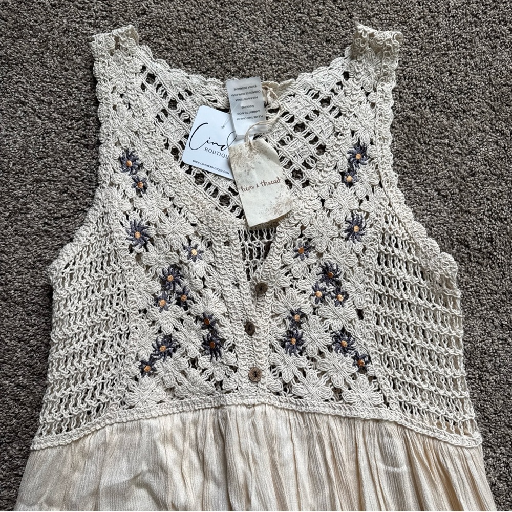 Hem & Thread Women’s Medium Cream Crochet Top Dress - Picture 2 of 13